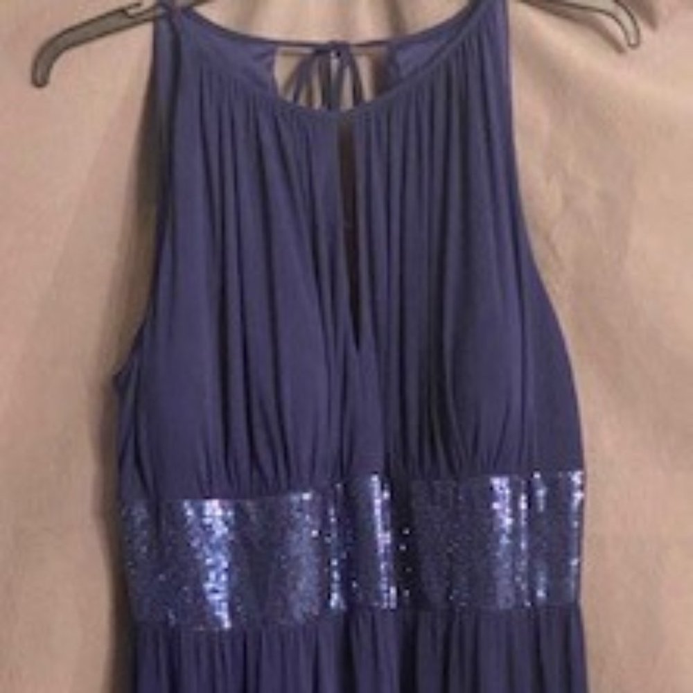 Midnight blue halter top floor length gown metallic blue enhanced waist